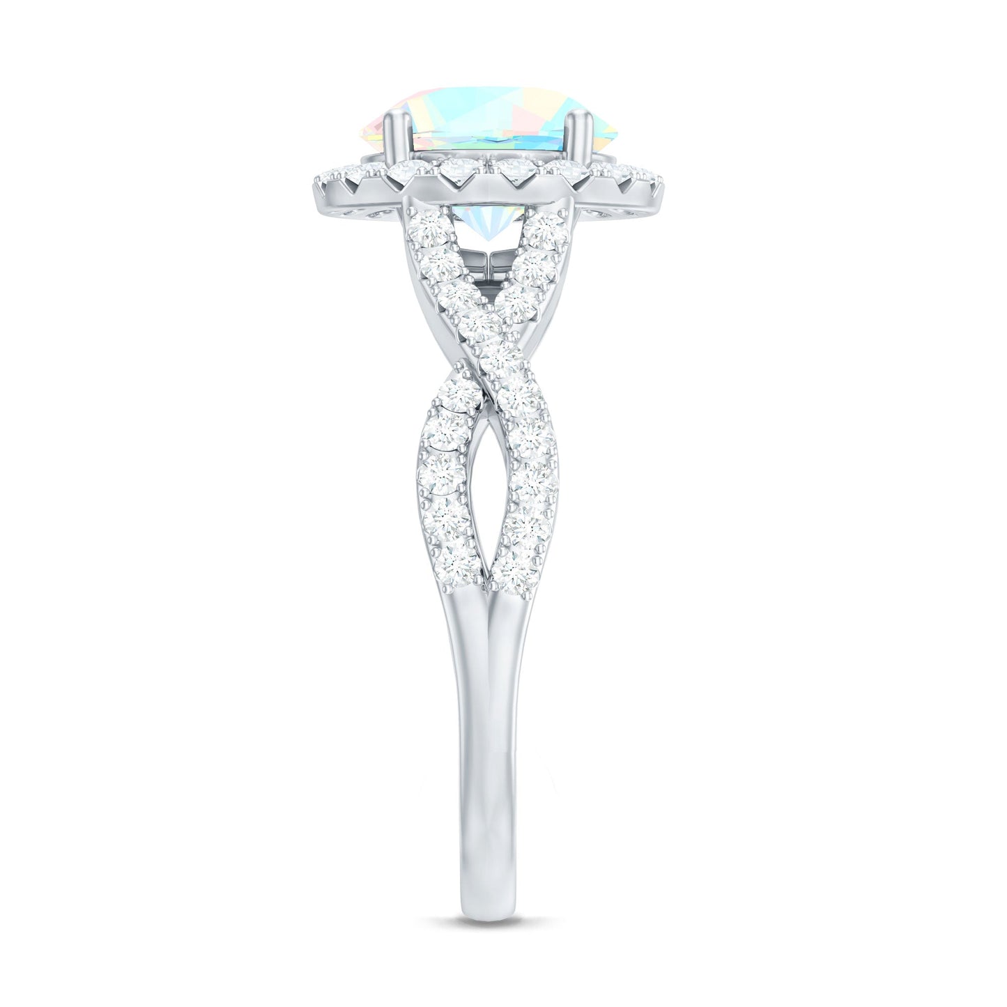 Real 8mm Ethiopian Opal Halo Engagement Ring with Crossover Shank