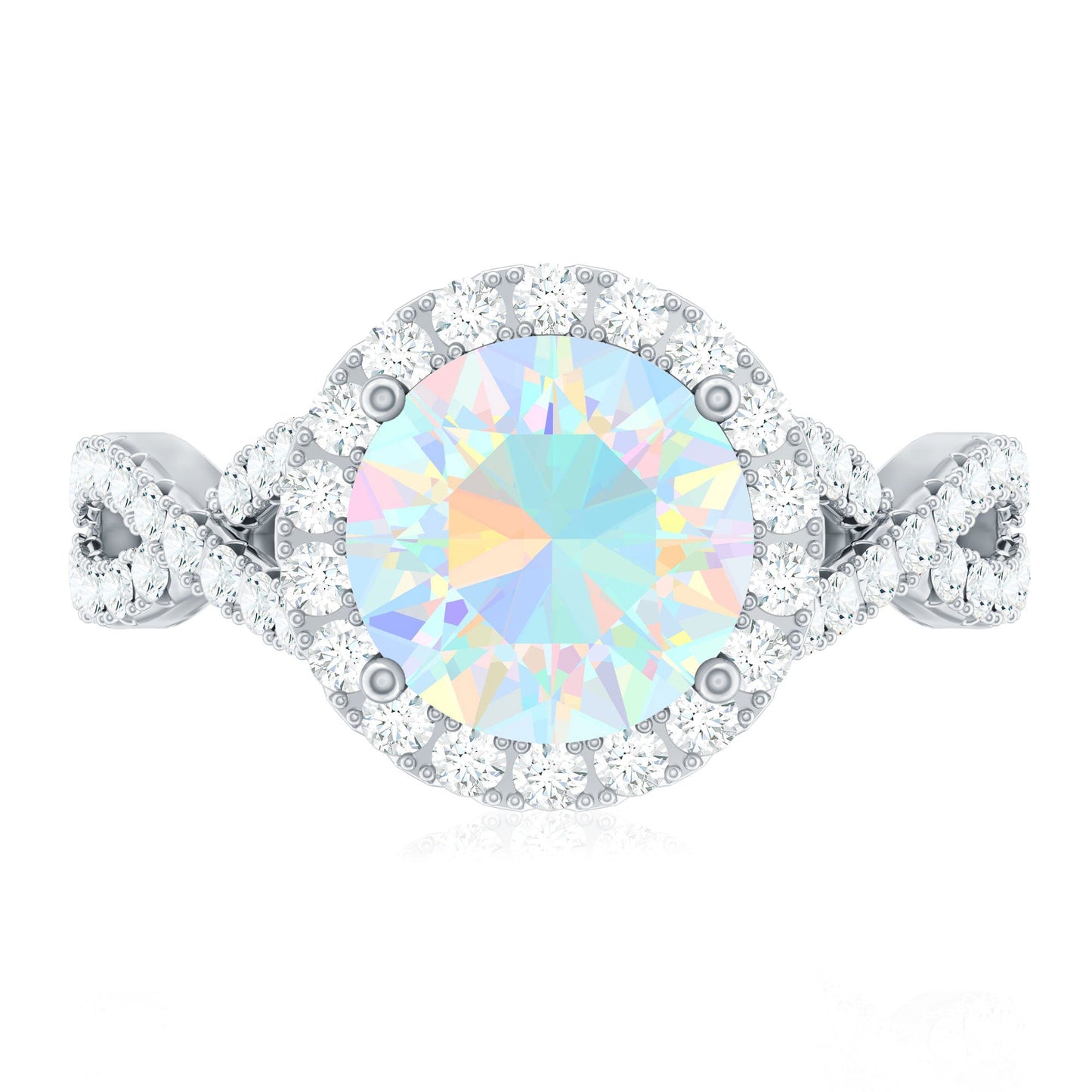 Real 8mm Ethiopian Opal Halo Engagement Ring with Crossover Shank
