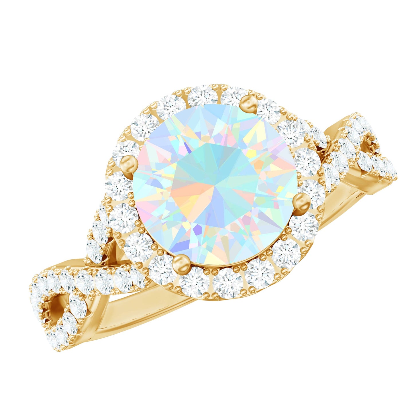 Real 8mm Ethiopian Opal Halo Engagement Ring with Crossover Shank