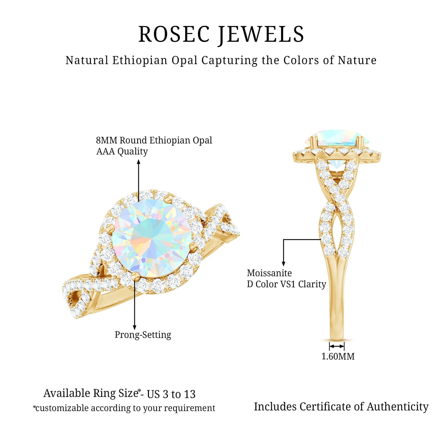 Real 8mm Ethiopian Opal Halo Engagement Ring with Crossover Shank