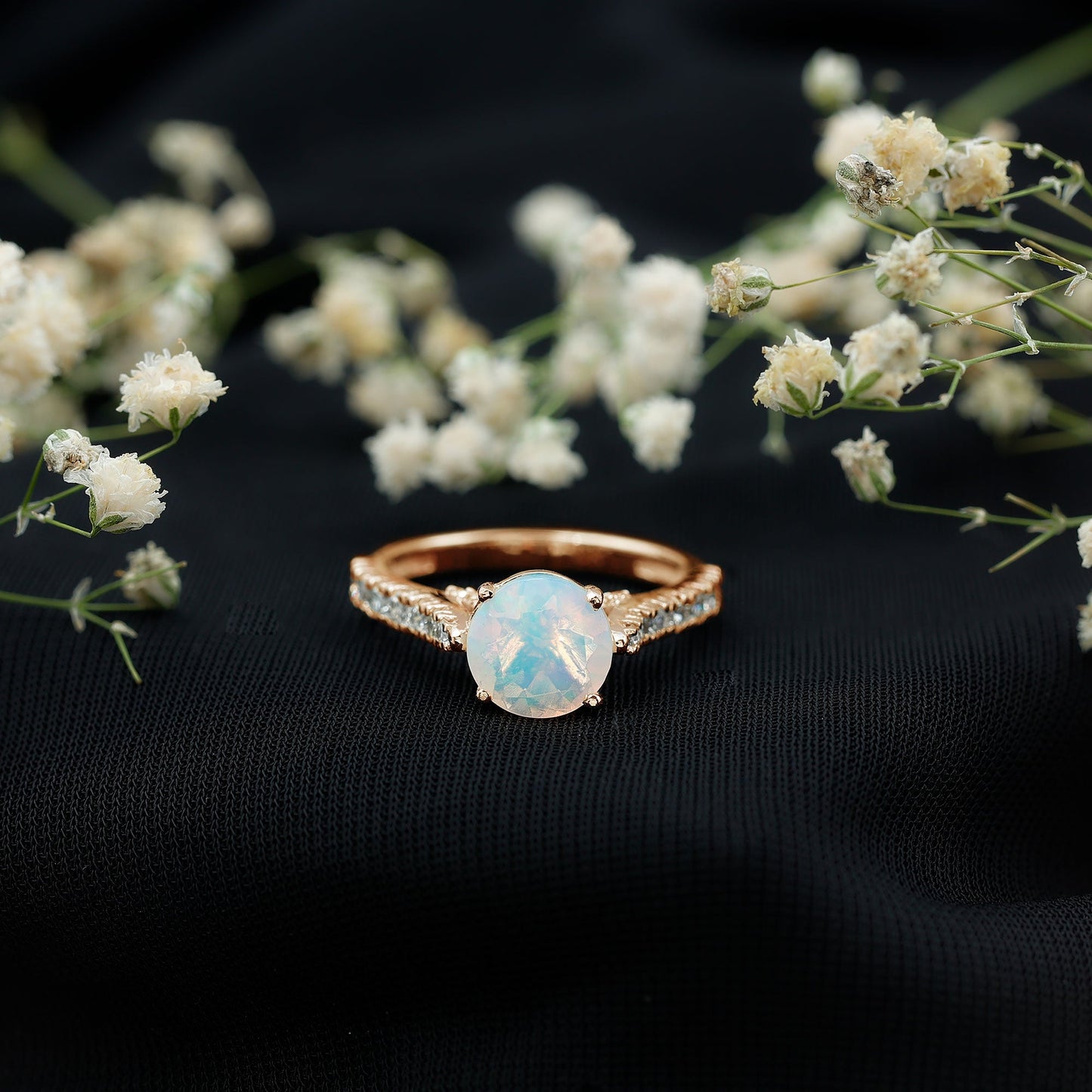 Natural 8mm Ethiopian Opal Diamond Engagement Ring with Side Stones