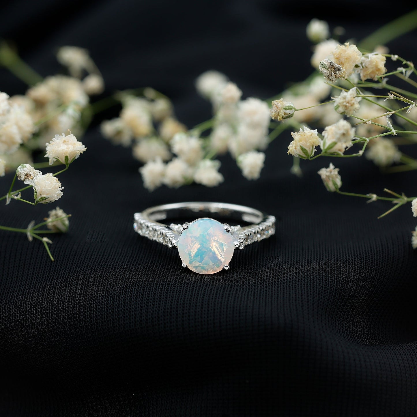 Natural 8mm Ethiopian Opal Diamond Engagement Ring with Side Stones