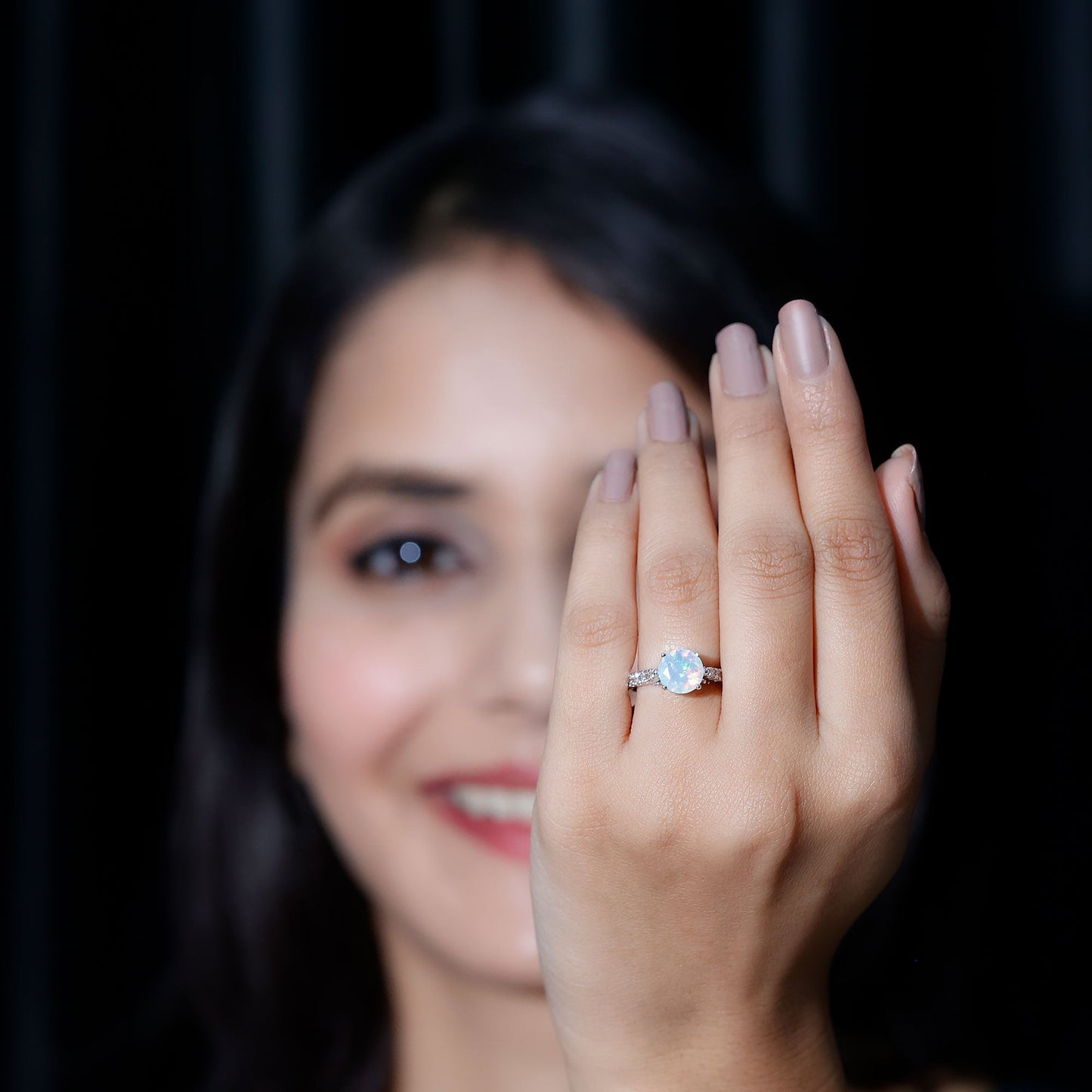 Natural 8mm Ethiopian Opal Diamond Engagement Ring with Side Stones