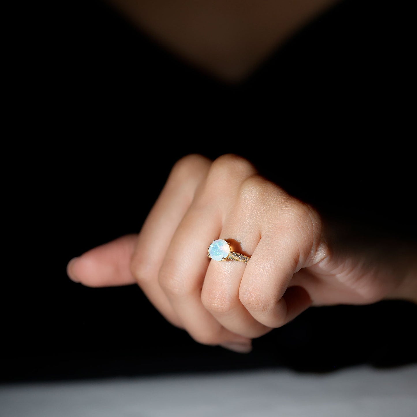Natural 8mm Ethiopian Opal Diamond Engagement Ring with Side Stones