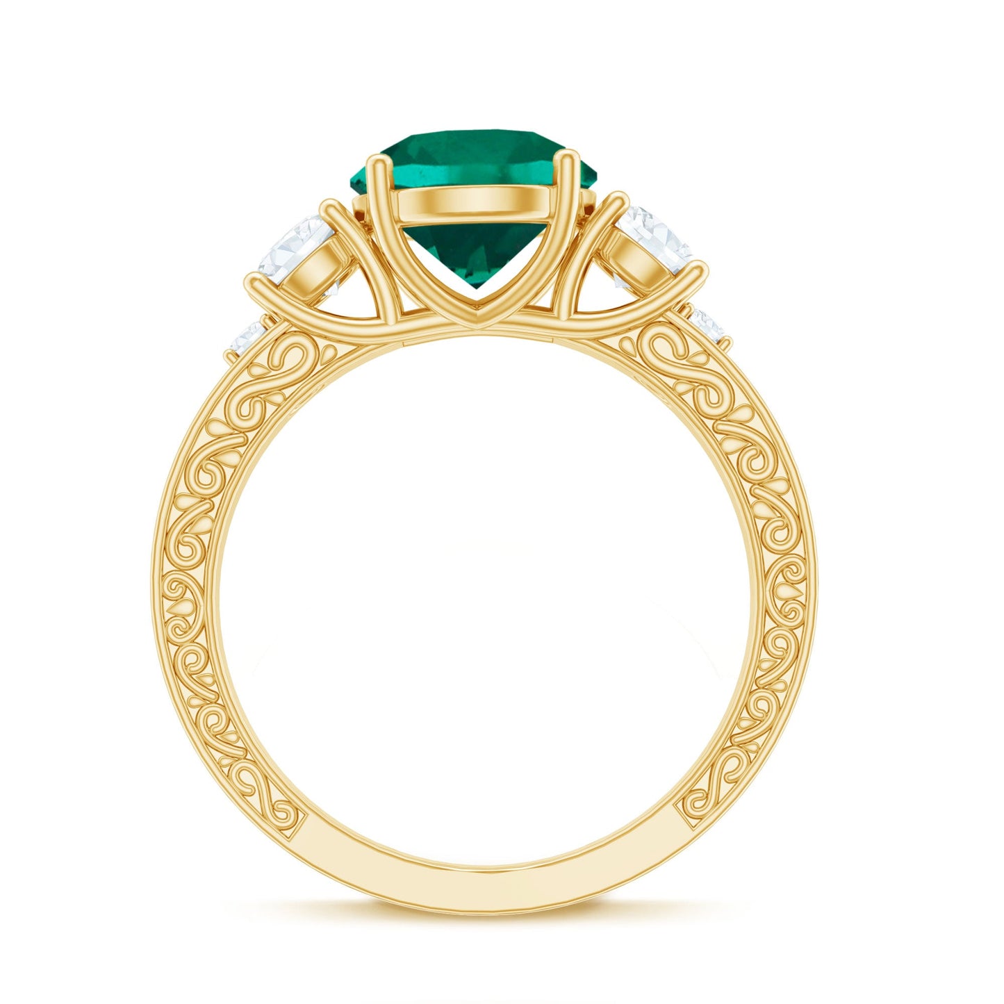 Antique Style Lab Grown Emerald Three Stone Engagement Ring with Moissanite