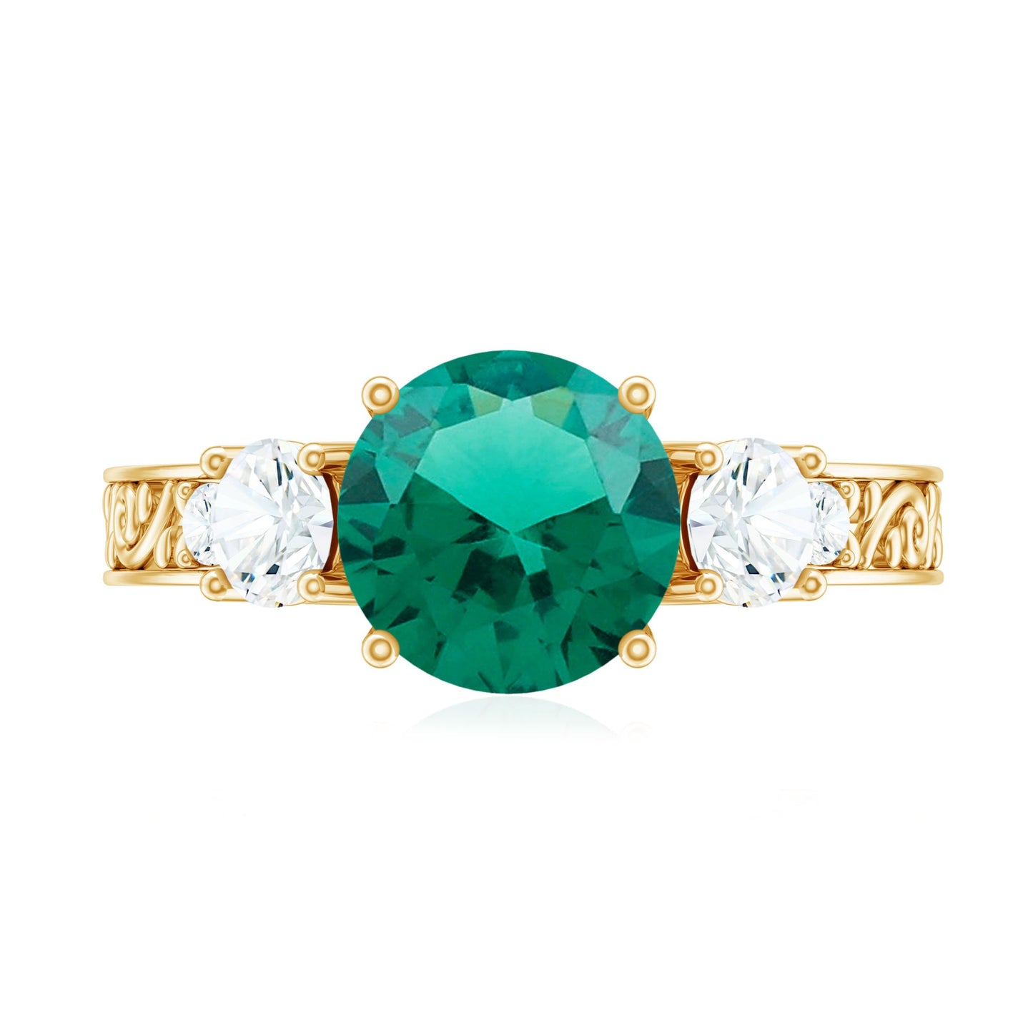 Antique Style Lab Grown Emerald Three Stone Engagement Ring with Moissanite