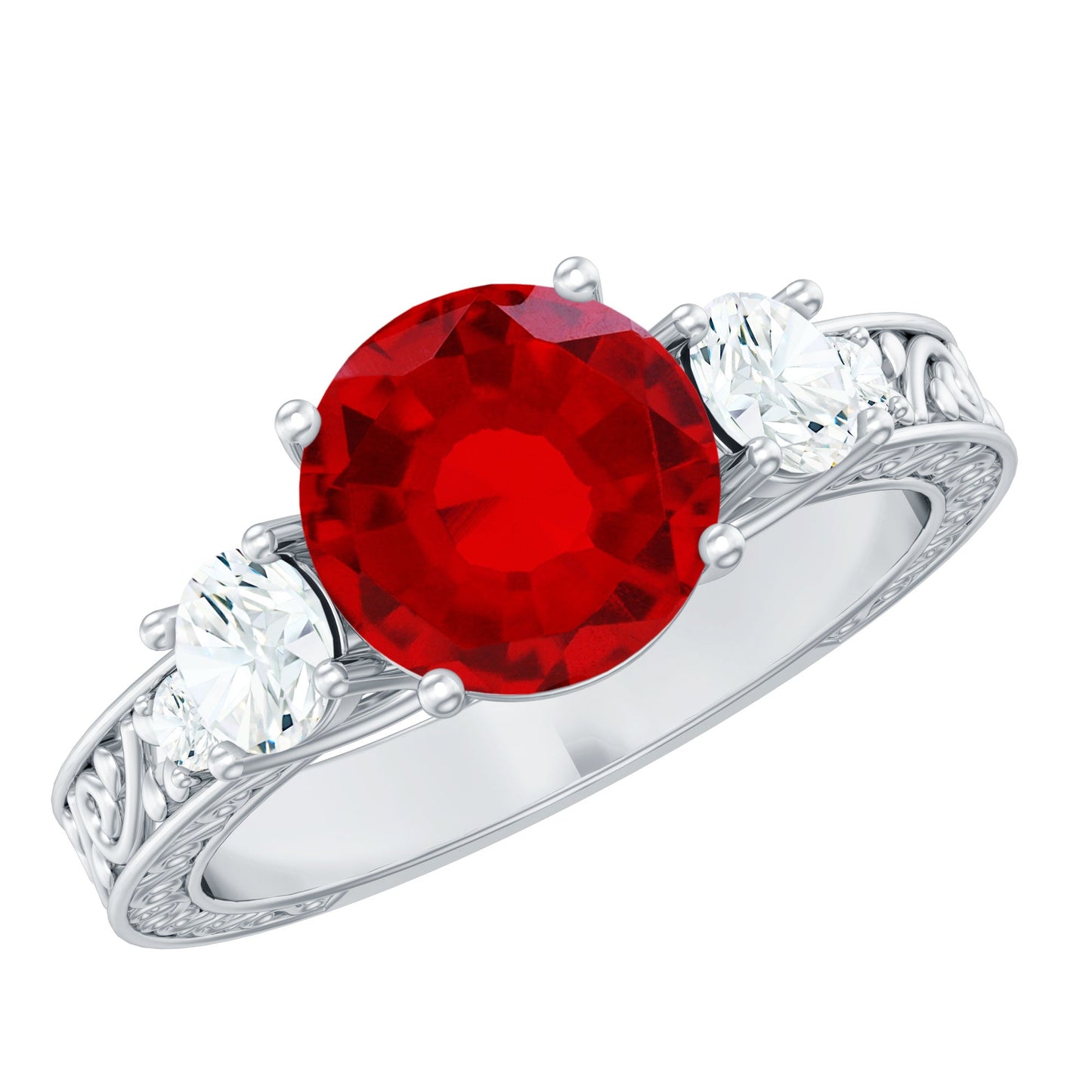 Lab Grown Ruby and Moissanite 3 Stone Engagement Ring With Certificate