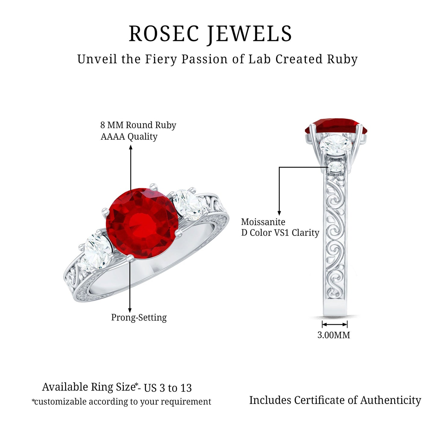 Lab Grown Ruby and Moissanite 3 Stone Engagement Ring With Certificate