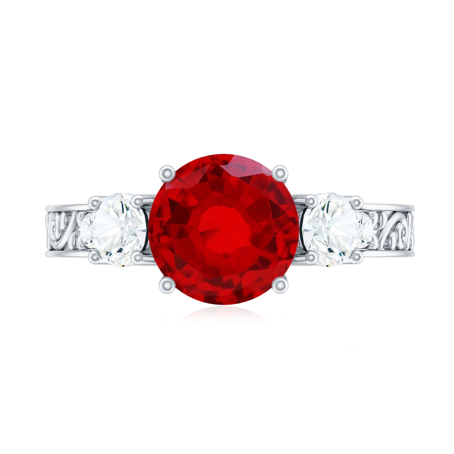 Lab Grown Ruby and Moissanite 3 Stone Engagement Ring With Certificate