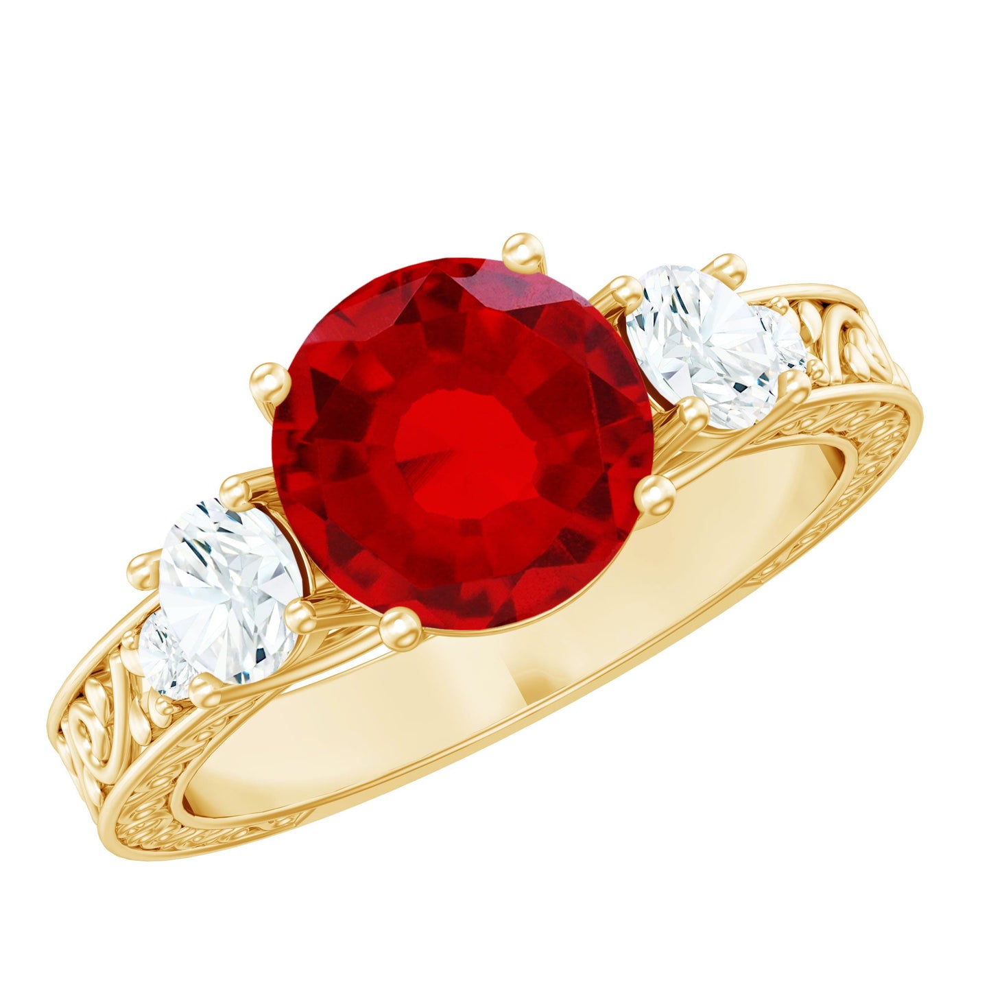 Lab Grown Ruby and Moissanite 3 Stone Engagement Ring With Certificate
