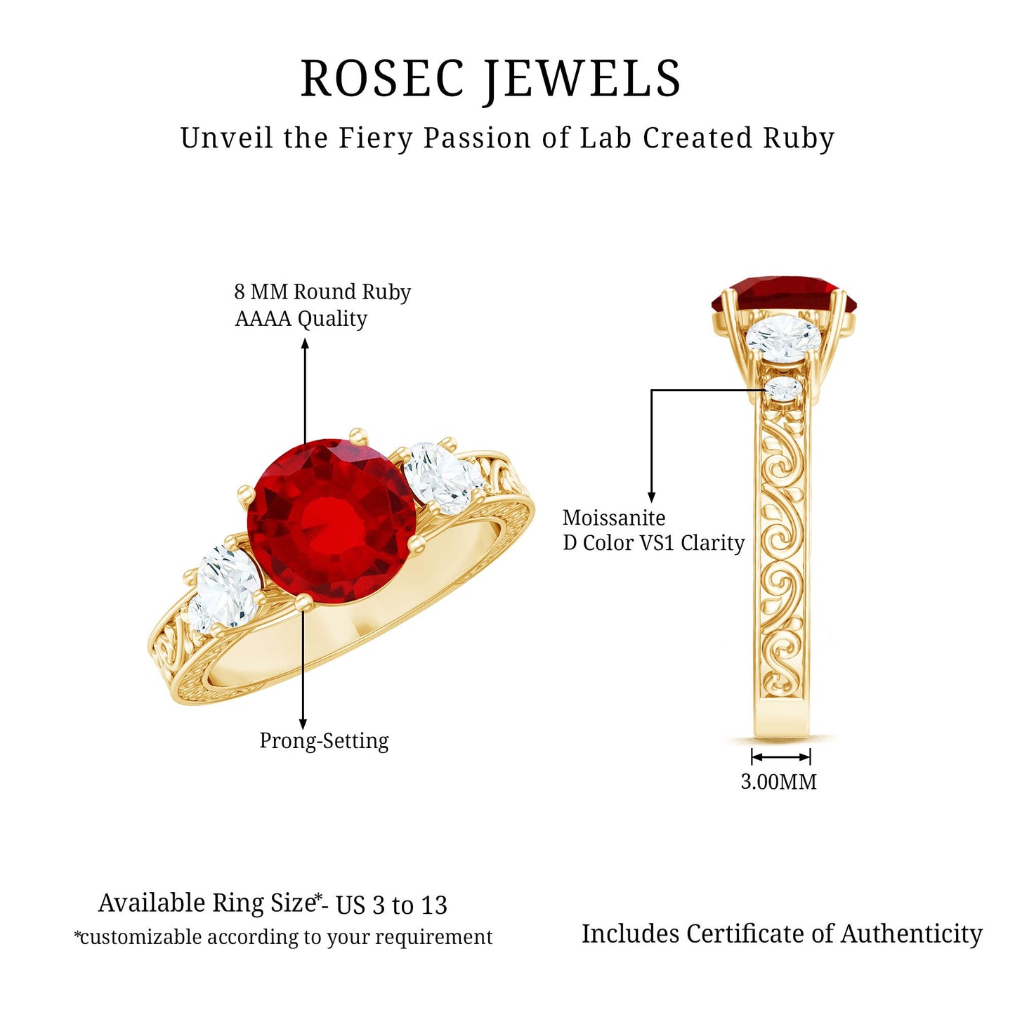 Lab Grown Ruby and Moissanite 3 Stone Engagement Ring With Certificate