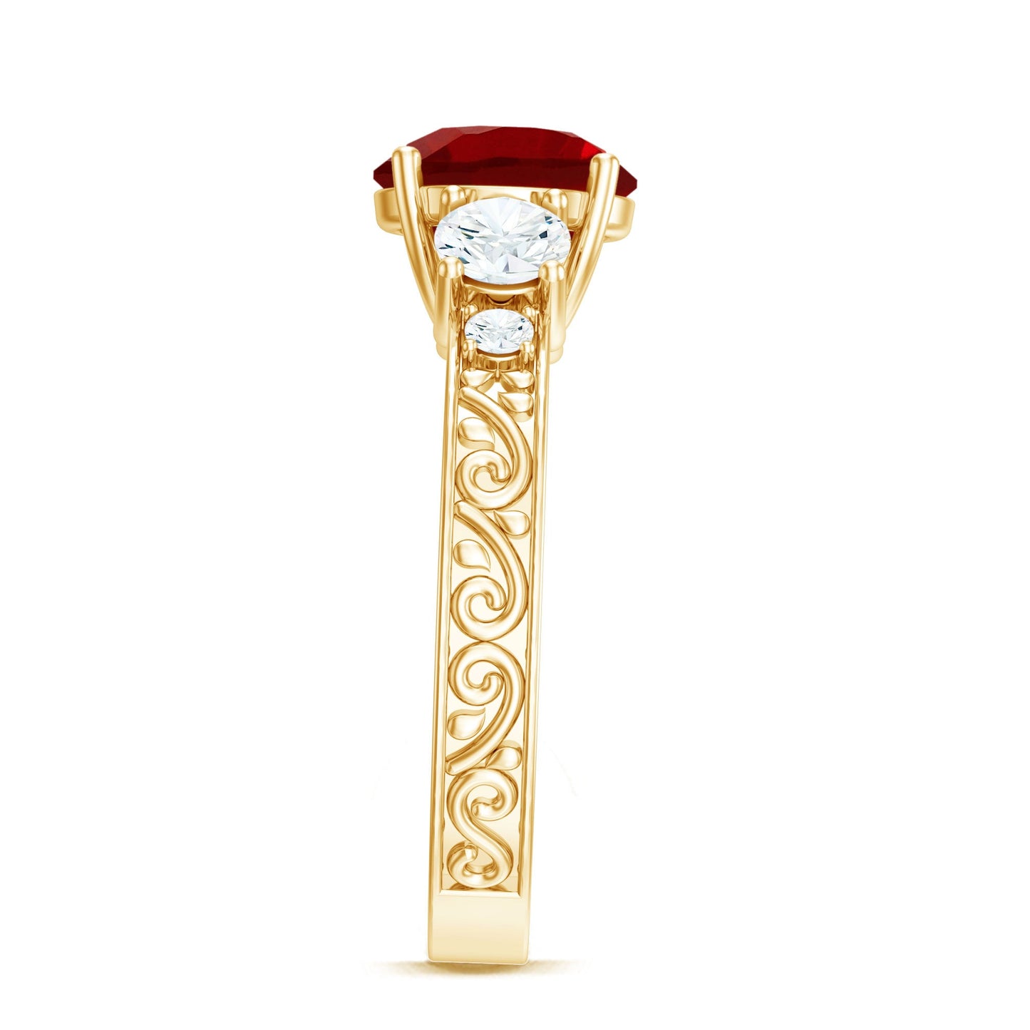 Lab Grown Ruby and Moissanite 3 Stone Engagement Ring With Certificate