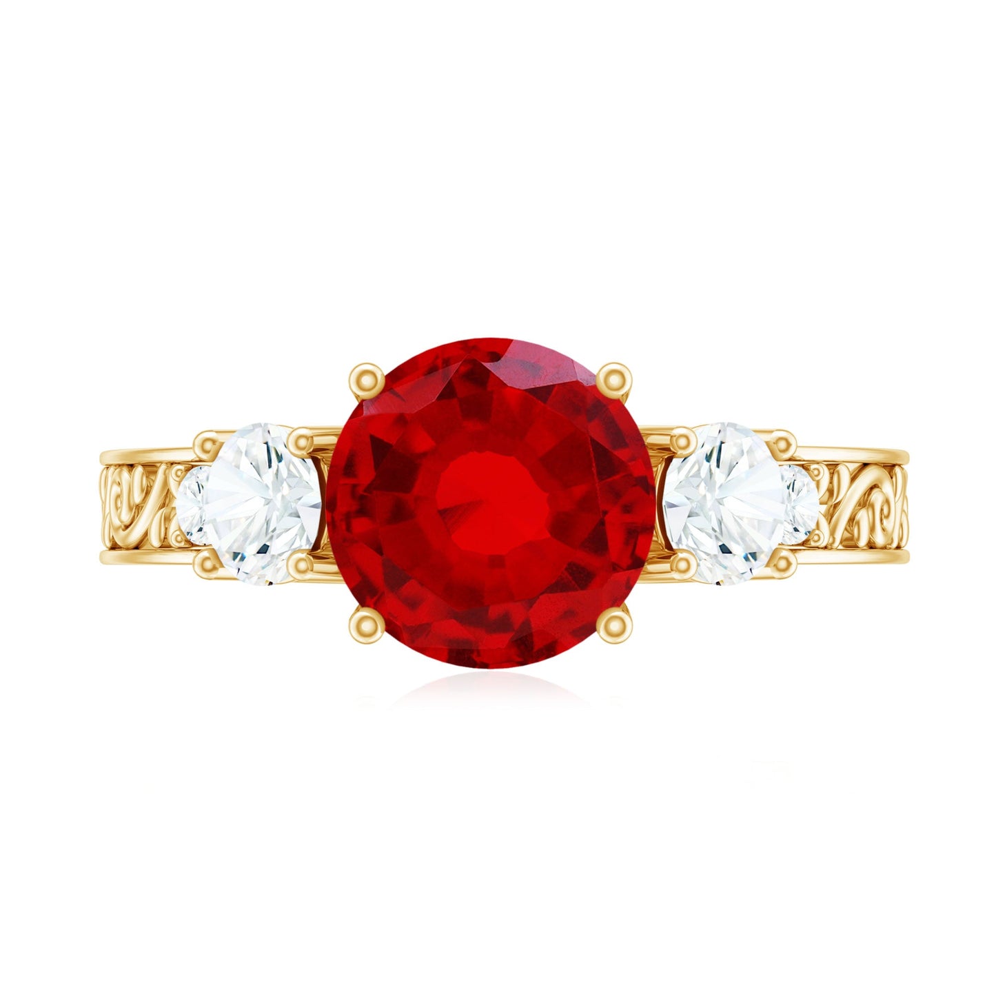 Lab Grown Ruby and Moissanite 3 Stone Engagement Ring With Certificate