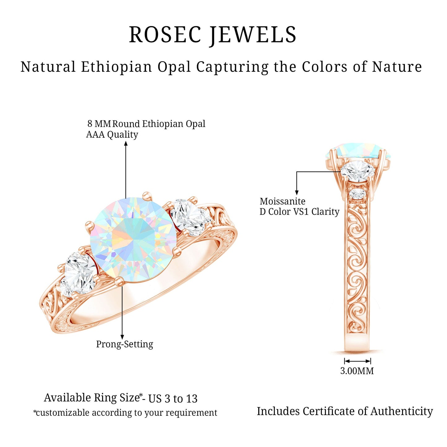 Certified Real Ethiopian Opal 3 Stone Engagement Ring With Certificate