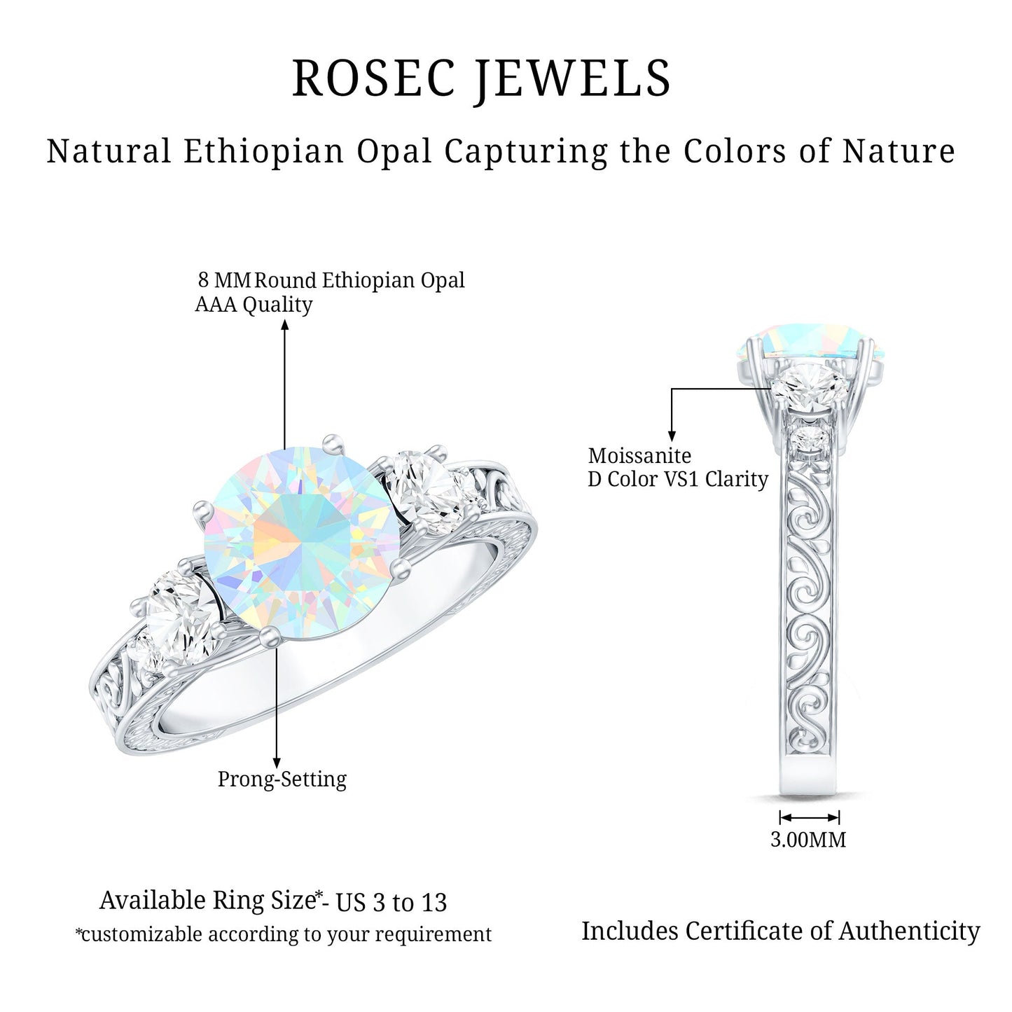 Certified Real Ethiopian Opal 3 Stone Engagement Ring With Certificate