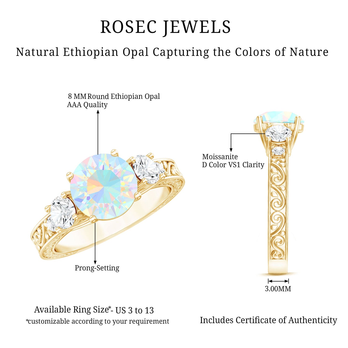 Certified Real Ethiopian Opal 3 Stone Engagement Ring With Certificate