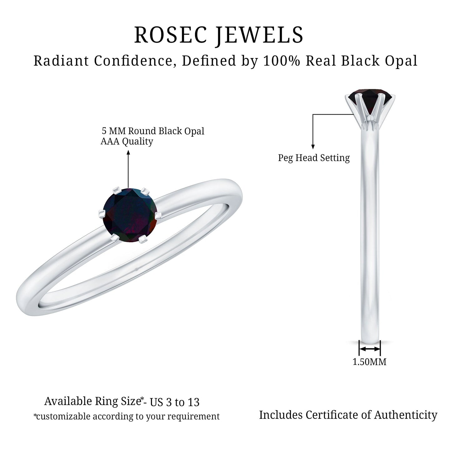 5MM Round Black Opal Solitaire Promise Ring