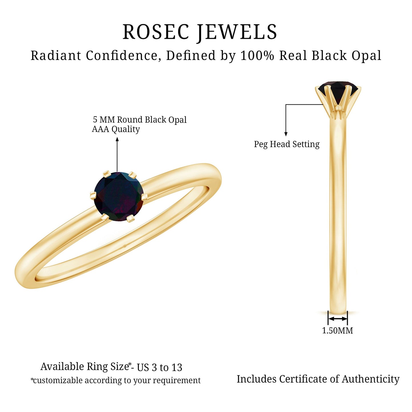 5MM Round Black Opal Solitaire Promise Ring