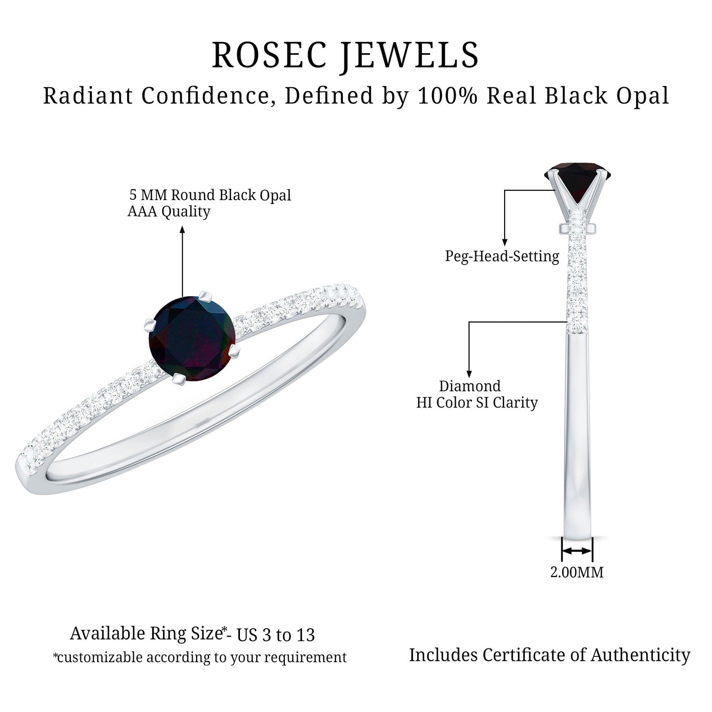 1/2 CT Round Black Opal Solitaire Engagement Ring with Diamond