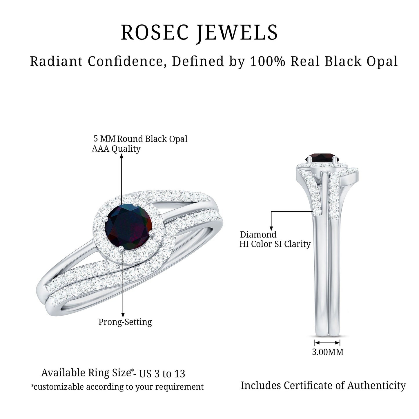 0.75 CT Classic Black Opal Engagement Ring with Diamond Enhancer
