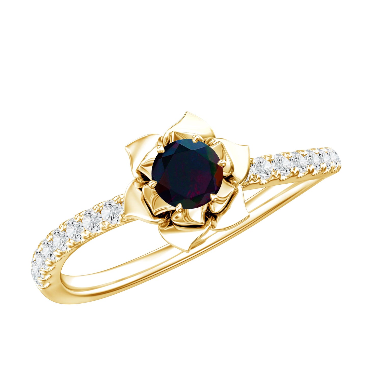 Real Black Opal and Diamond Flower Engagement Ring