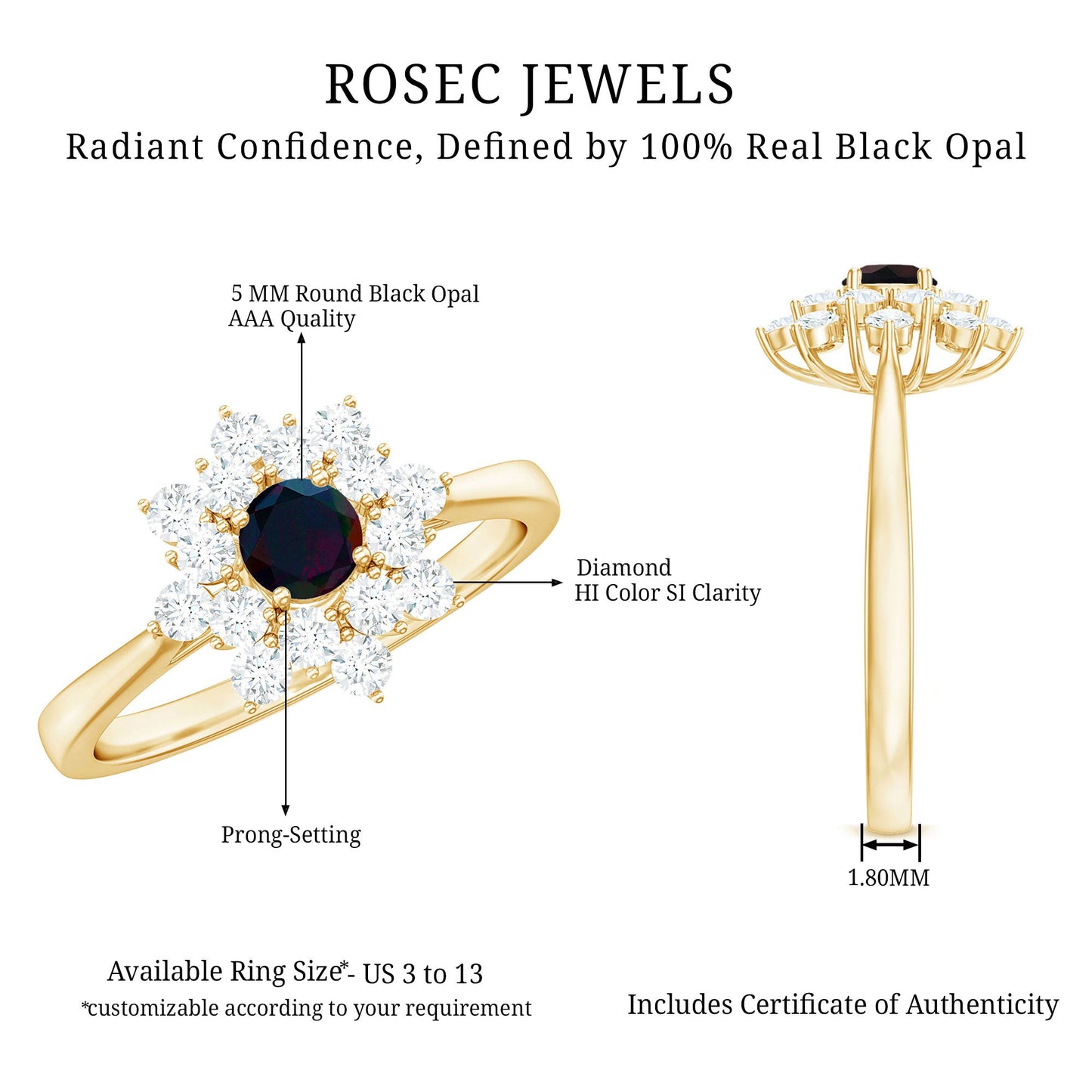 Black Opal and Diamond Flower Cluster Engagement Ring