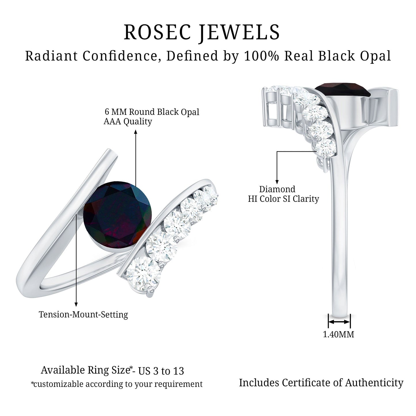 Round Black Opal Solitaire Bypass Ring with Diamond