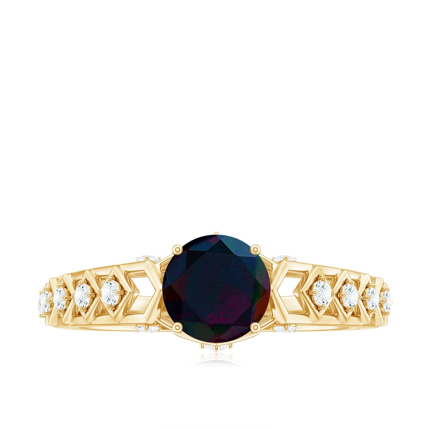 1 CT Round Black Opal Solitaire Art Deco Ring with Diamond