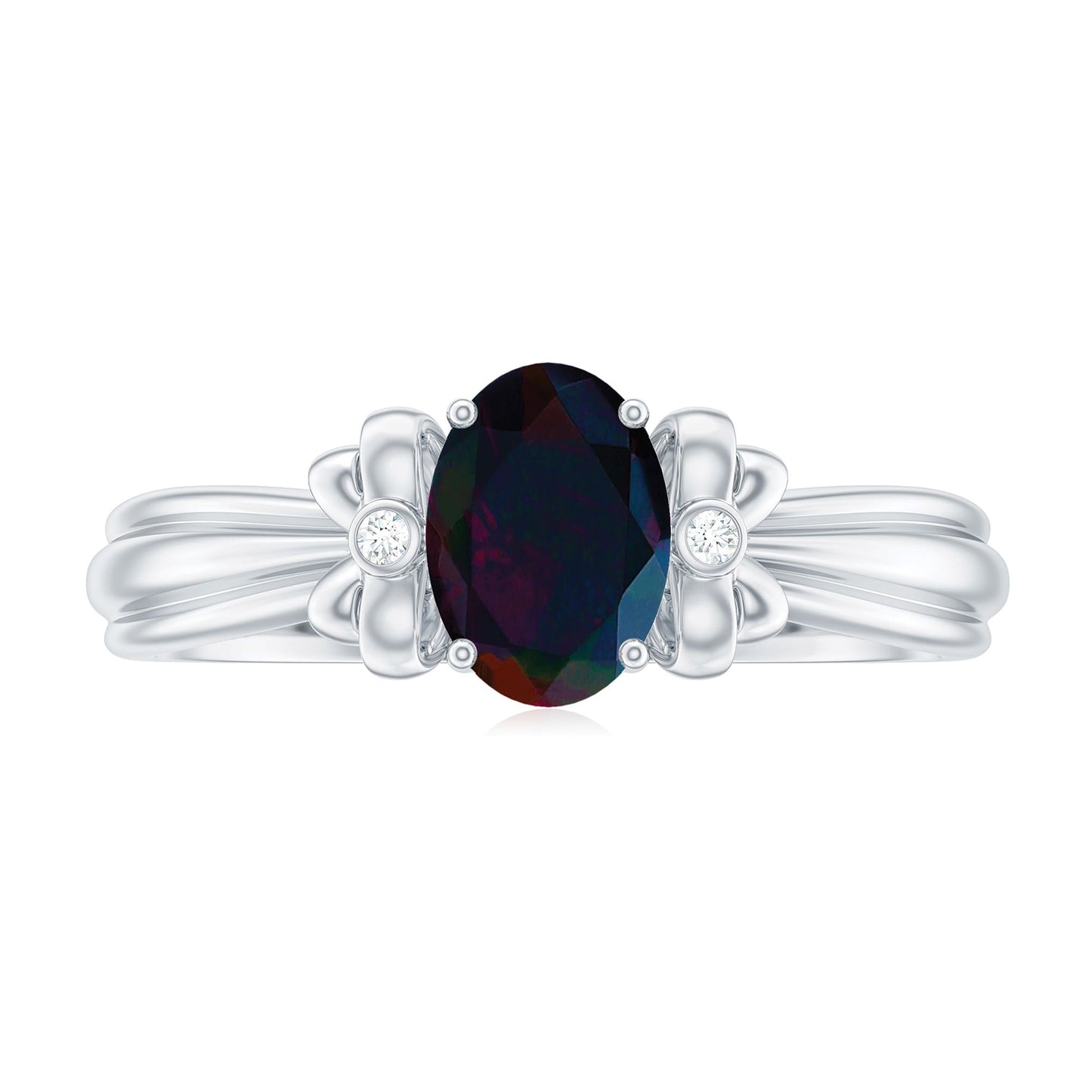 1 CT Oval Black Opal Solitaire Floral Ring with Diamond Accent