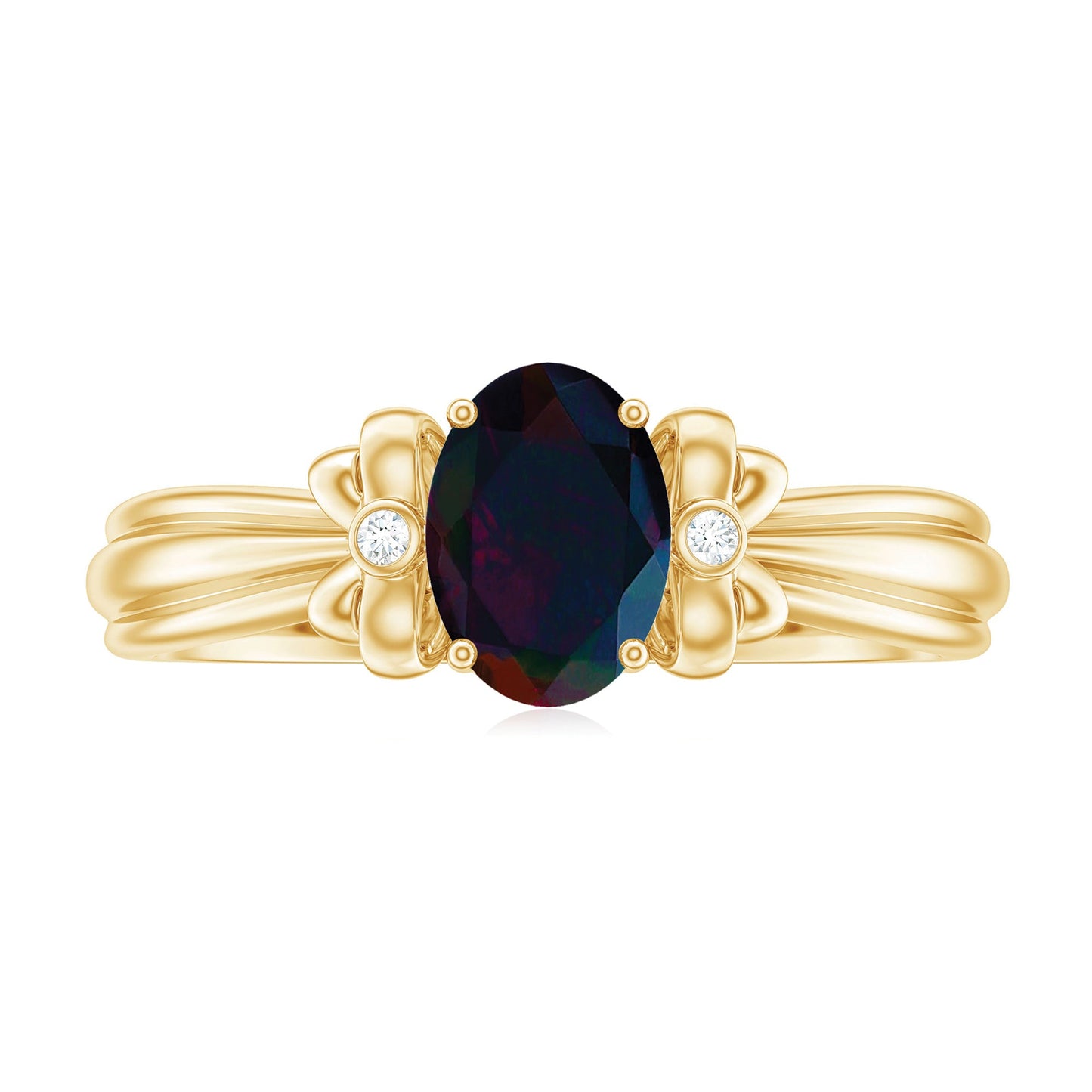 1 CT Oval Black Opal Solitaire Floral Ring with Diamond Accent