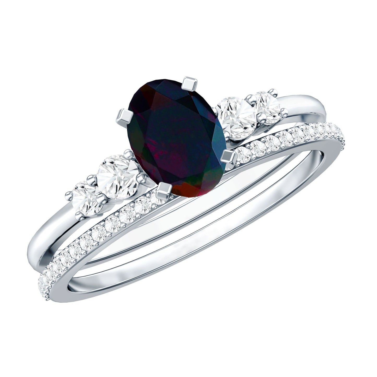 1 CT Black Opal and Diamond Oval Wedding Ring Set