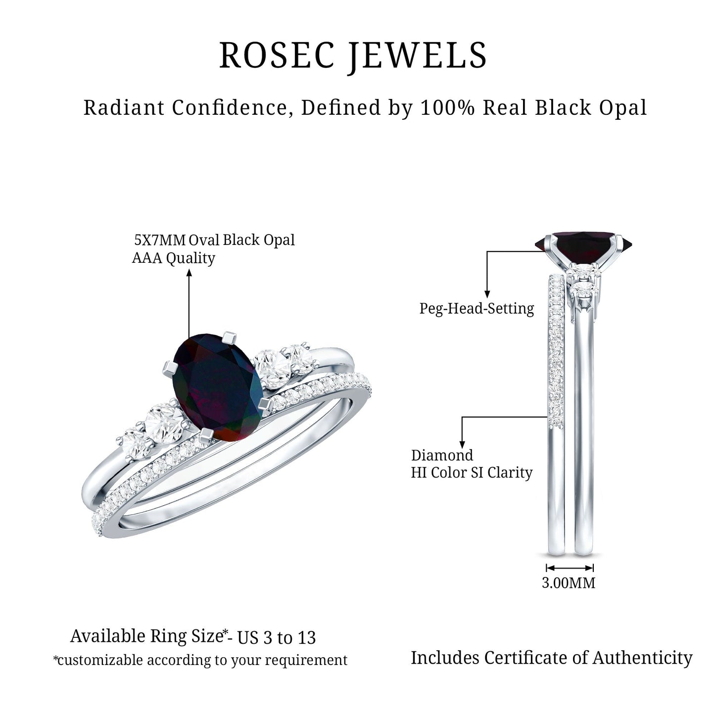 1 CT Black Opal and Diamond Oval Wedding Ring Set