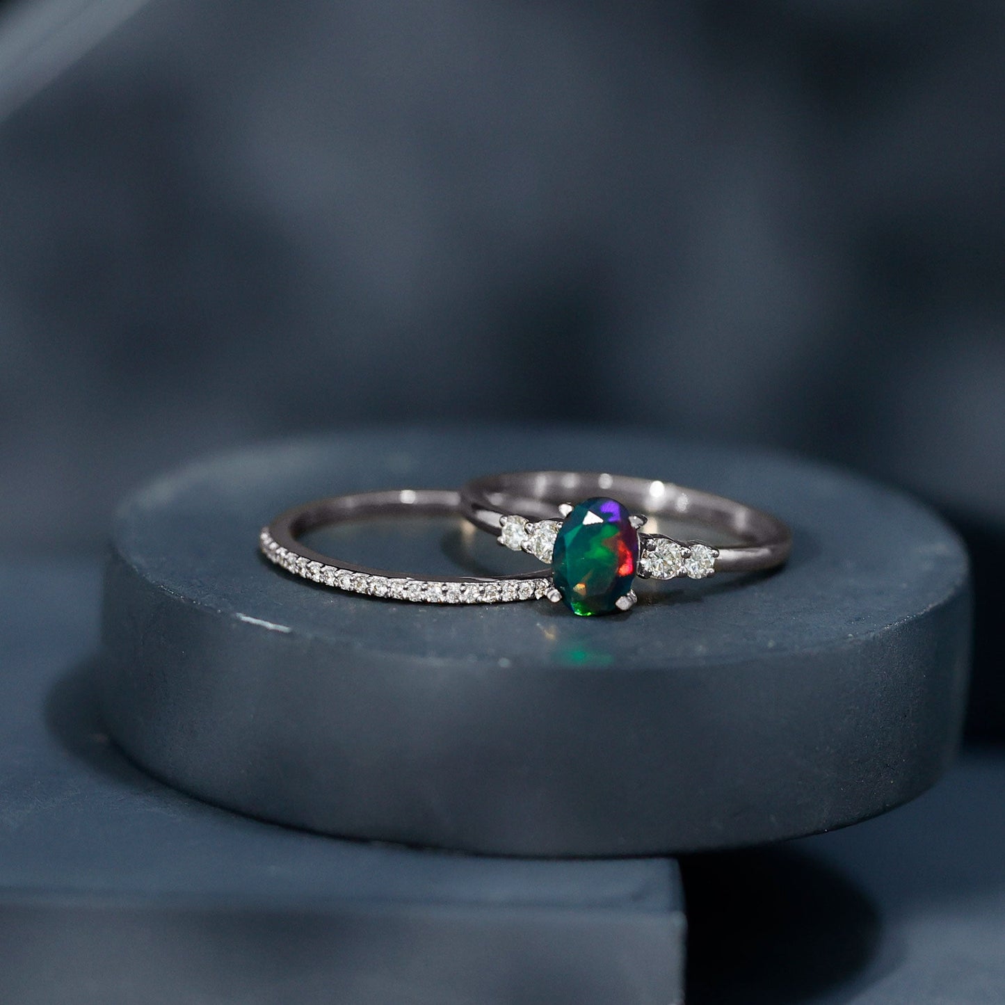 1 CT Black Opal and Diamond Oval Wedding Ring Set