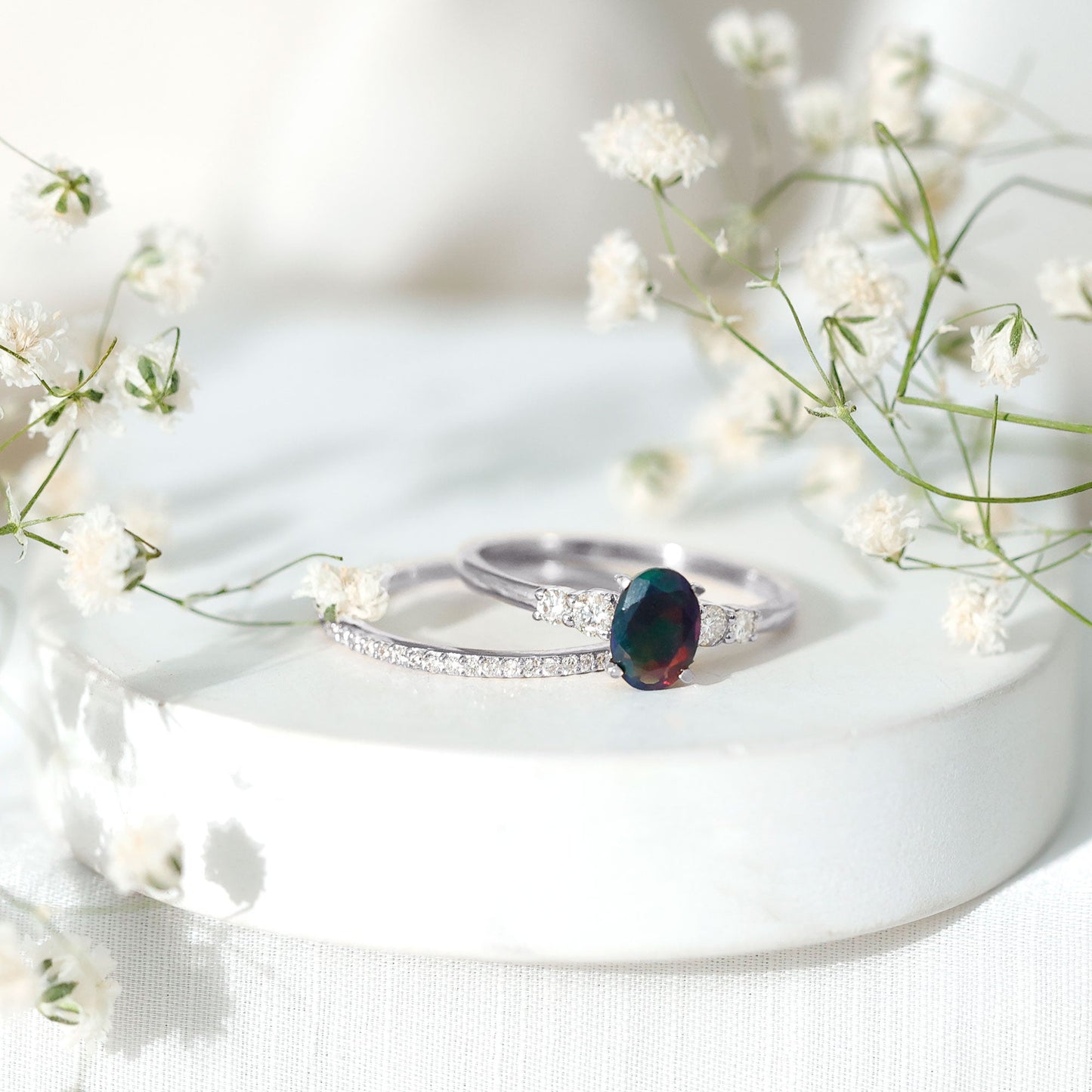 1 CT Black Opal and Diamond Oval Wedding Ring Set
