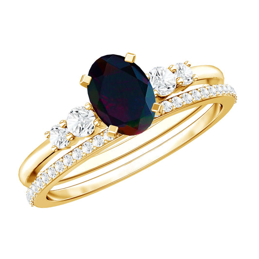 1 CT Black Opal and Diamond Oval Wedding Ring Set