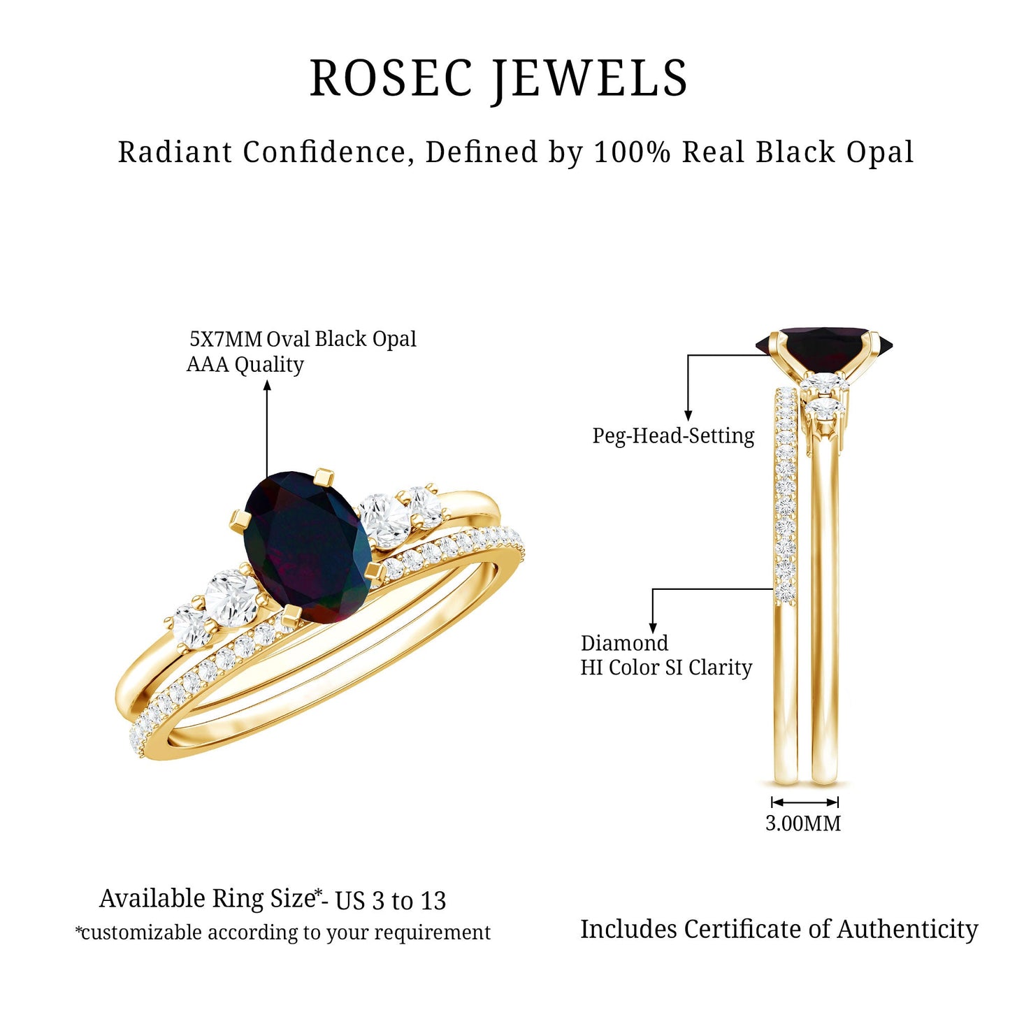 1 CT Black Opal and Diamond Oval Wedding Ring Set