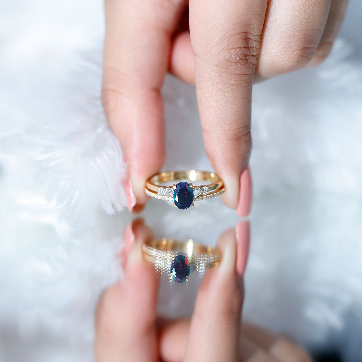 1 CT Black Opal and Diamond Oval Wedding Ring Set