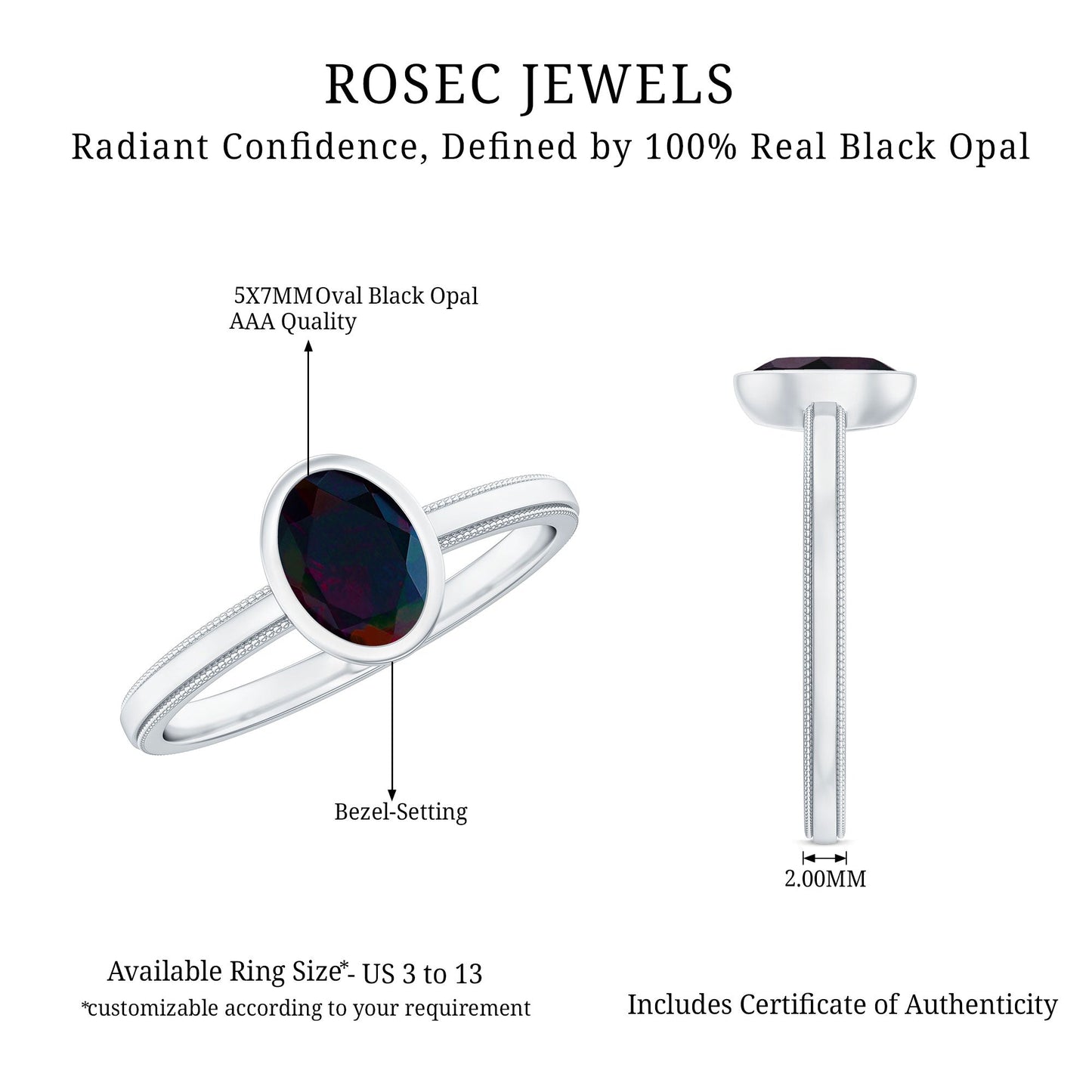 Oval Cut 5X7MM Black Opal Bezel Set Engagement Ring