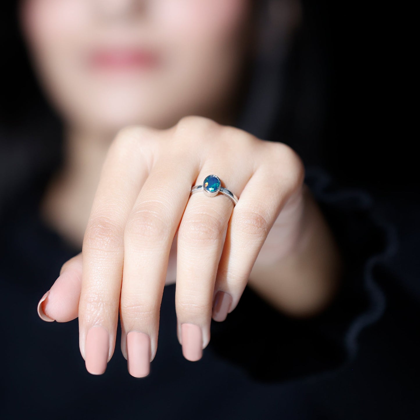 Oval Cut 5X7MM Black Opal Bezel Set Engagement Ring