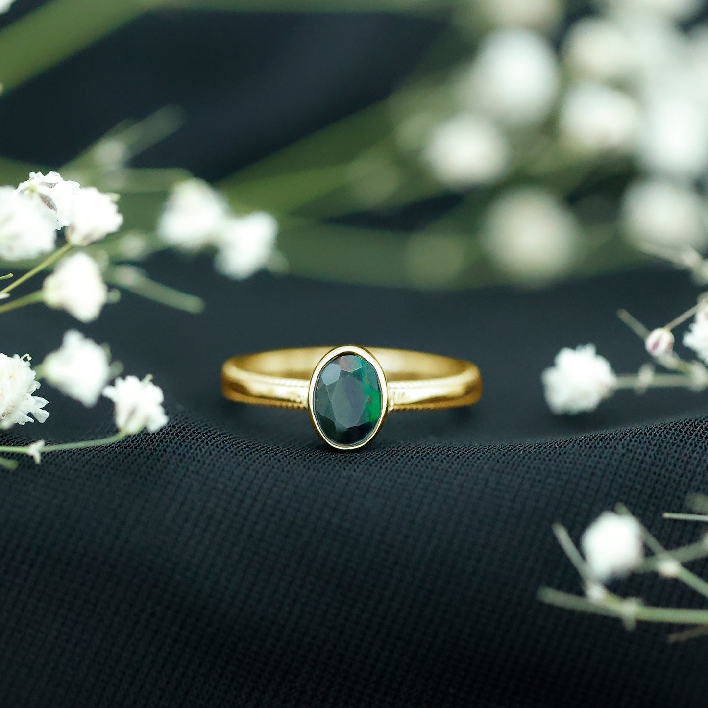 Oval Cut 5X7MM Black Opal Bezel Set Engagement Ring