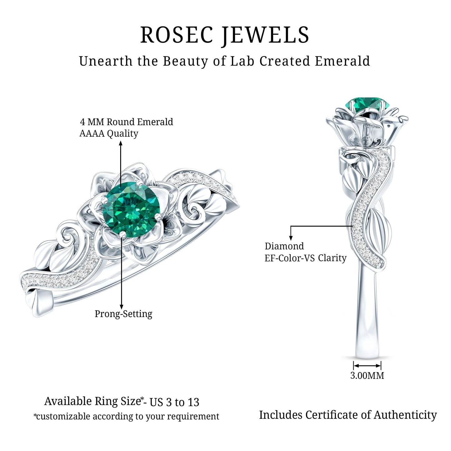 Lab Grown Emerald Flower Engagement Ring with Certificate