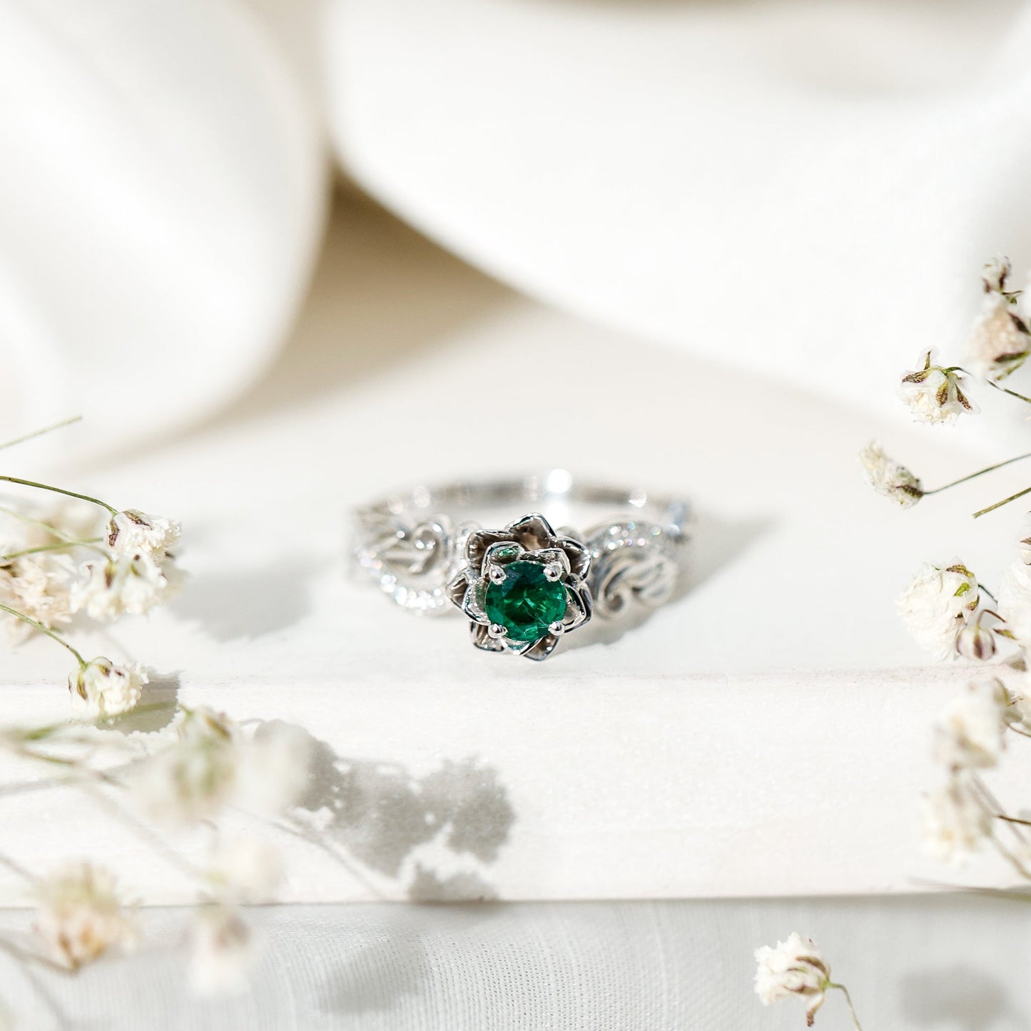 Lab Grown Emerald Flower Engagement Ring with Certificate