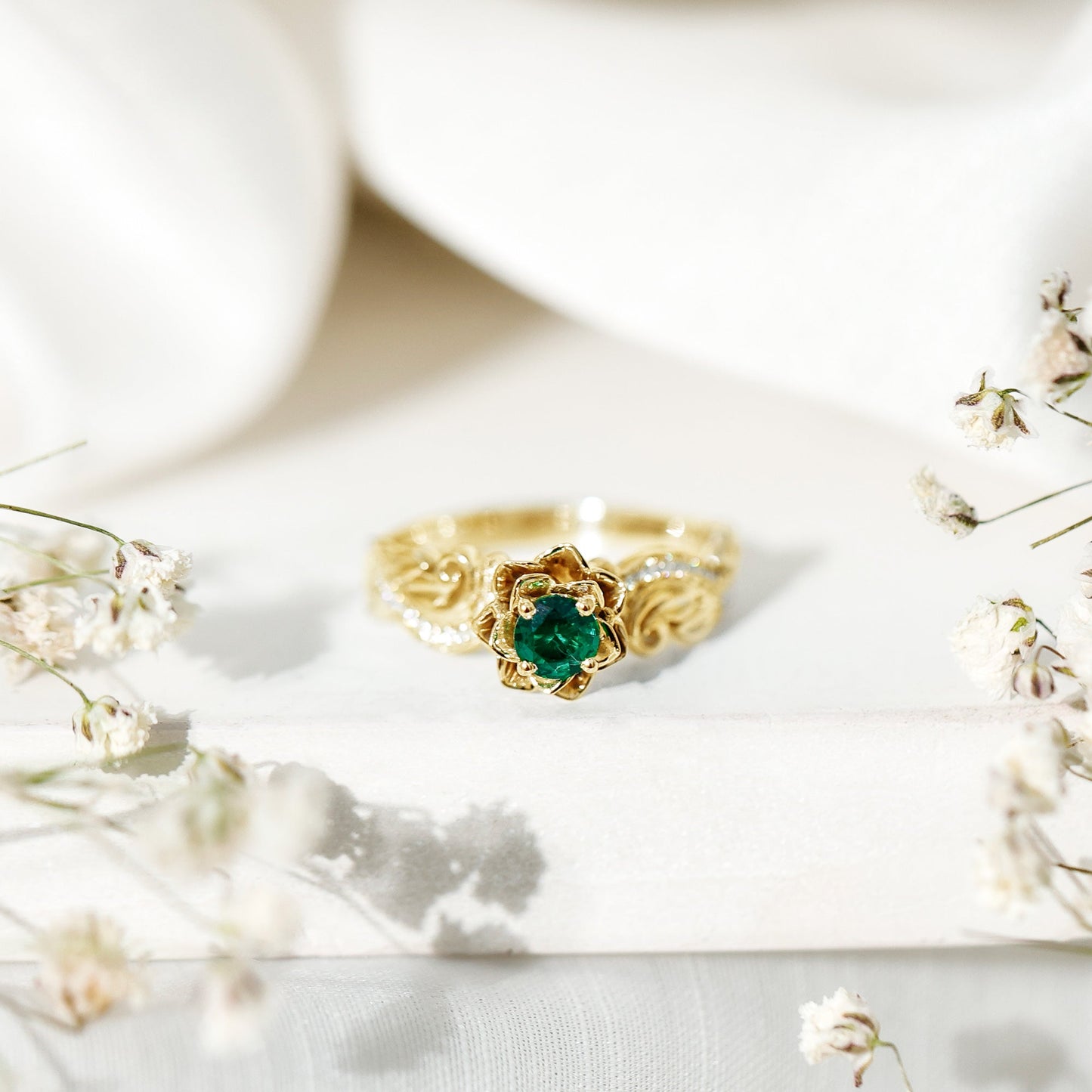 Lab Grown Emerald Flower Engagement Ring with Certificate
