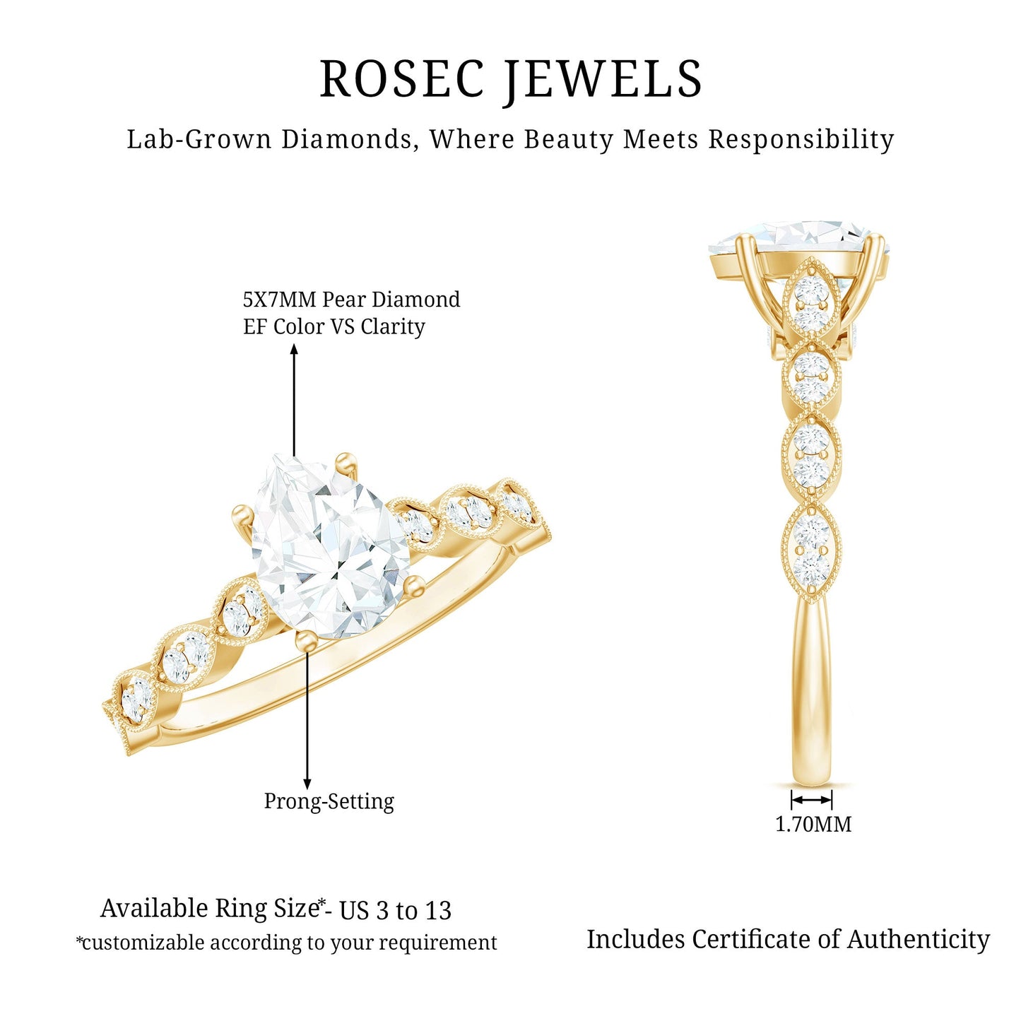 Pear Shape Lab Grown Diamond Scalloped Solitaire Ring