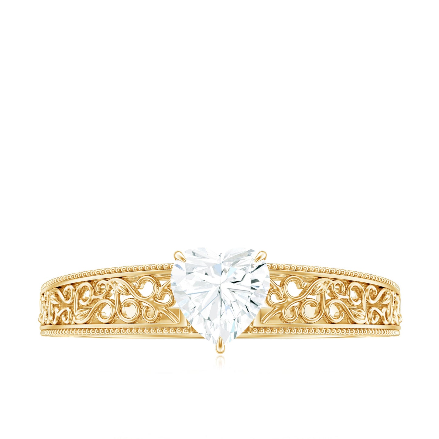 Vintage Inspired Heart Shape Lab Grown Diamond Solitaire Filigree Ring