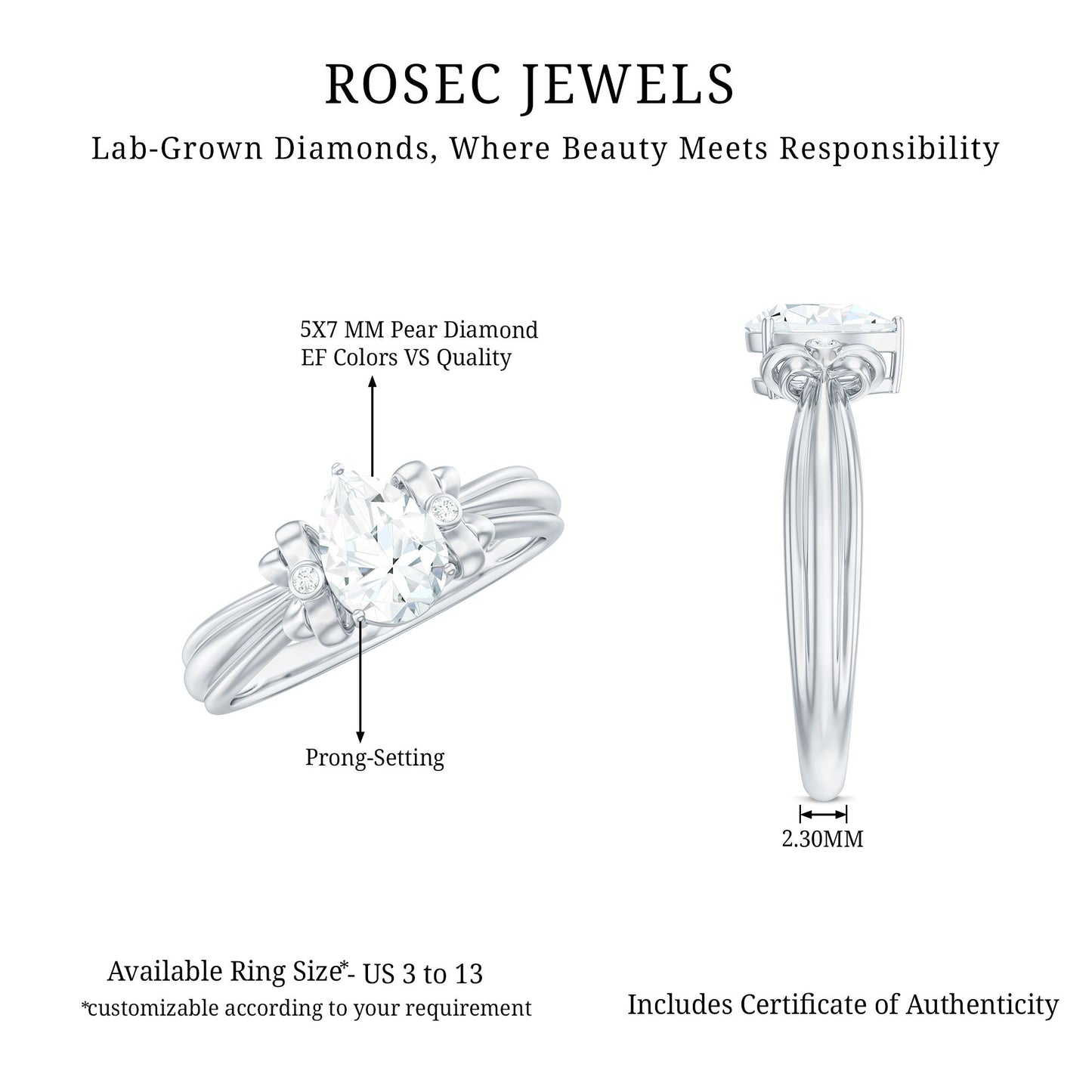 Pear Cut Lab Grown Diamond Solitaire Engagement Ring with Bow