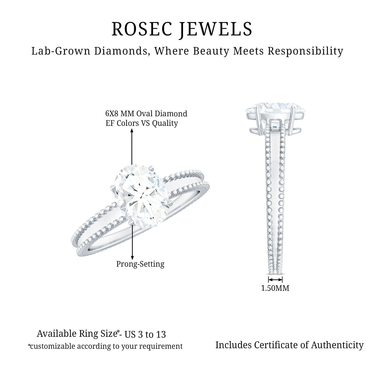 Oval Shaped Lab Grown Diamond Solitaire Ring with Beaded Detailing