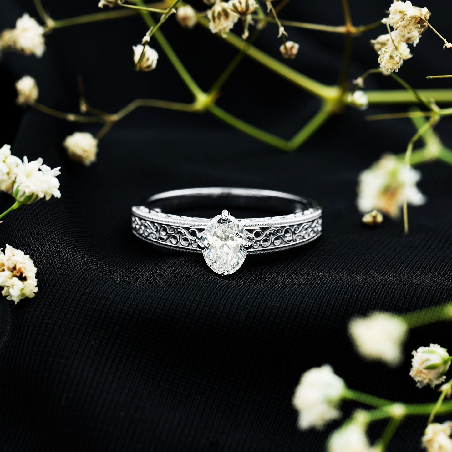 Oval Shape 6X8MM Lab Grown Diamond Filigree Engagement Ring