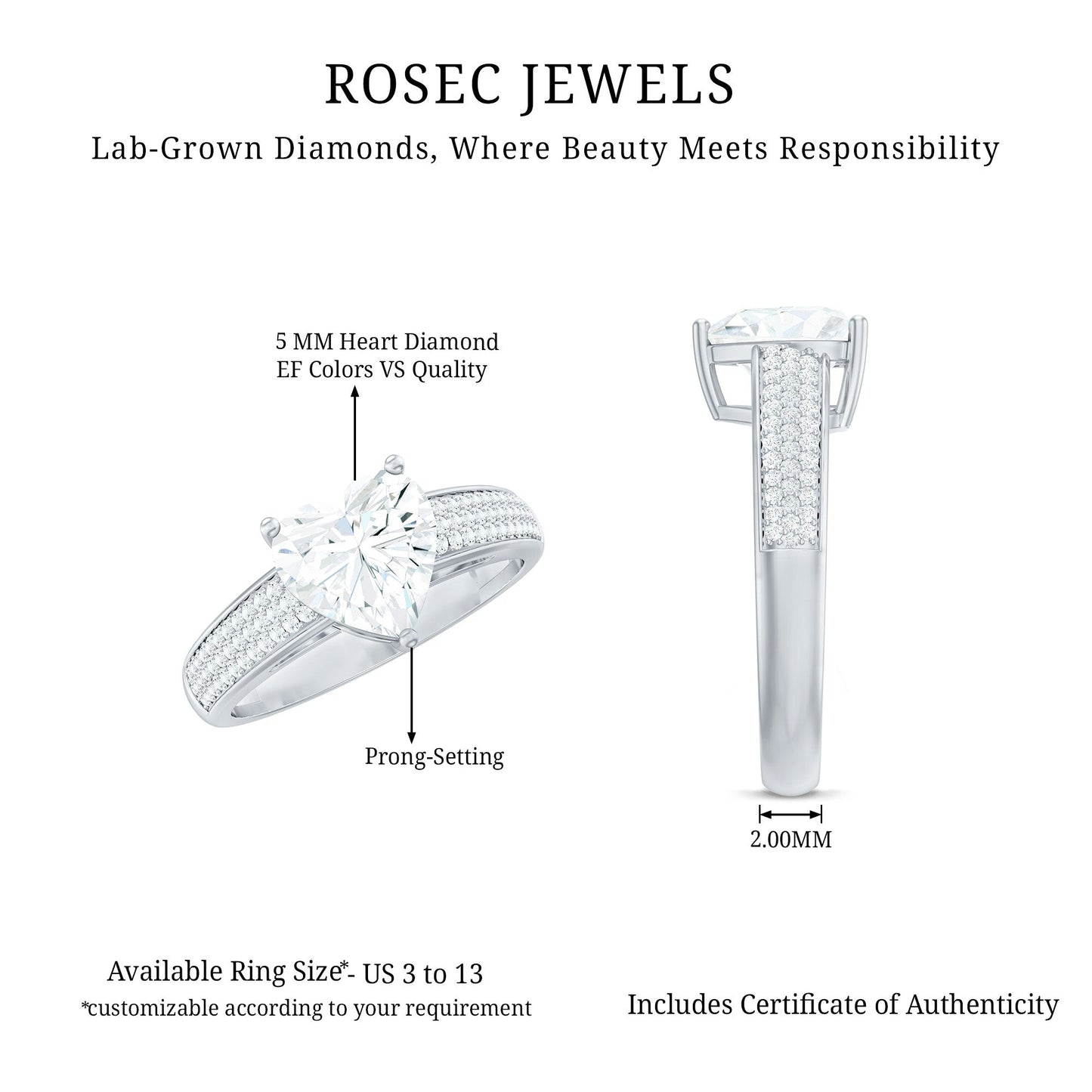 Heart Shape Lab Grown Diamond Solitaire Ring with Side Stones