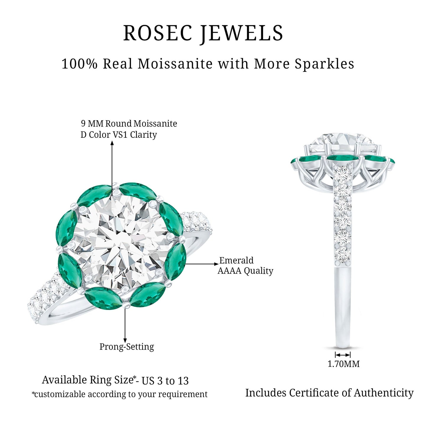 Certified 3 Carat Moissanite Designer Engagement Ring With Emerald